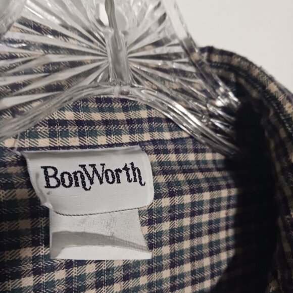 Bonworth Womans Medium Plaid Green Embroidery Leaves Shirt Long Sleeves - Picture 2 of 6